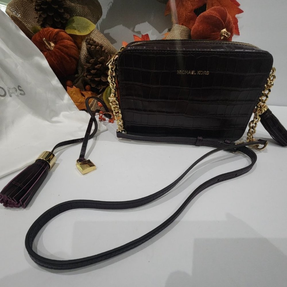 NWT Authentic Rare Michael Kors Croco Embossed Purple Leather Crossbody